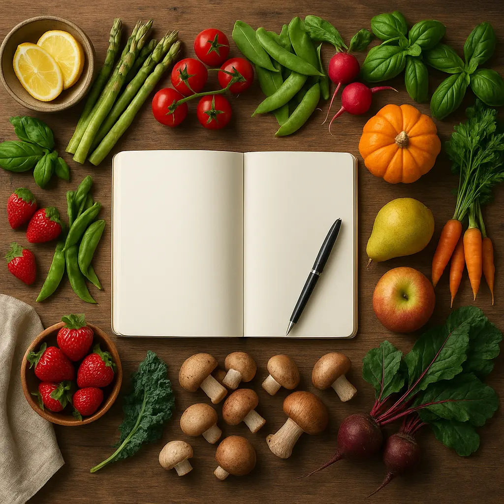 Saisonale Menüplanung mit Notizbuch und Zutaten
